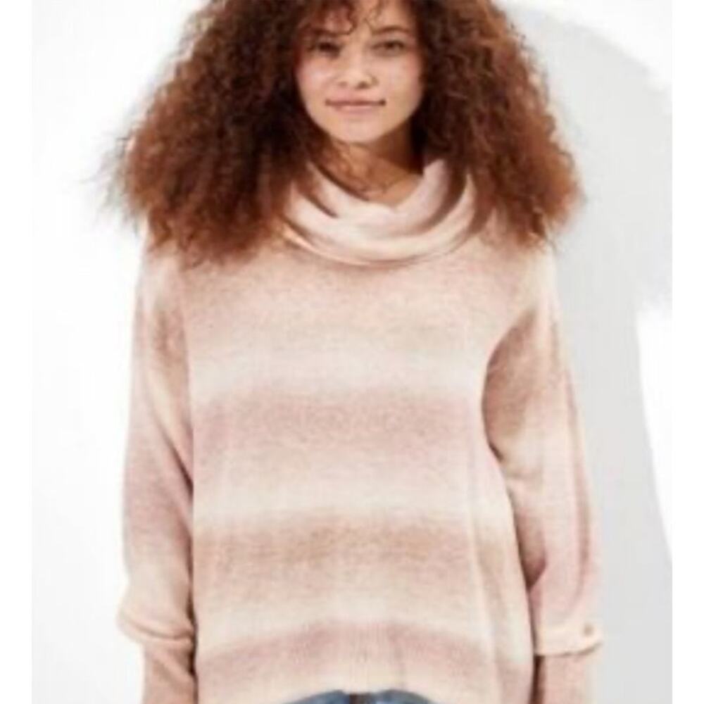 American Eagle Tan Cream Pink Striped Cowl Neck Hi Low Oversized Sweater Size XS